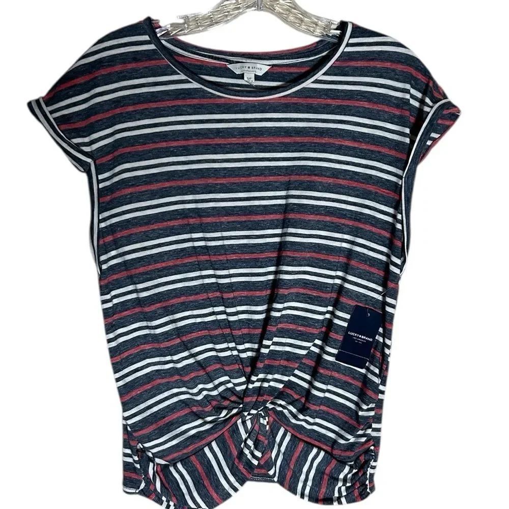 NEW Lucky Brand Charcoal and Red Striped Tee